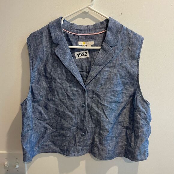Boden Chambray Cropped Sleeveless Top Blue Linen 20/22 Collared Button Down - Picture 10 of 11